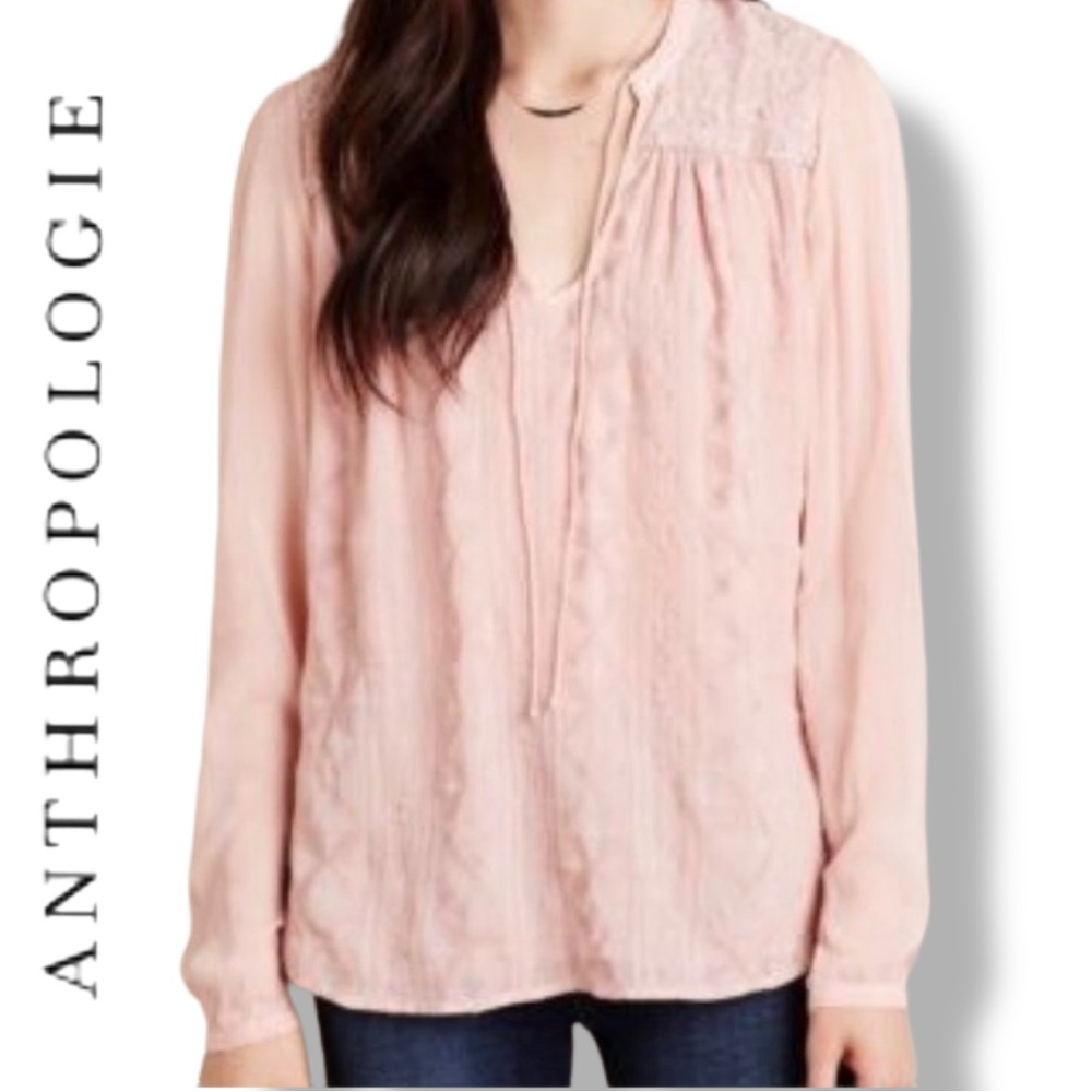 Tiny by Anthropologie Pink Tie Neck Long Sleeve Peasant Blouse Size Medium EUC